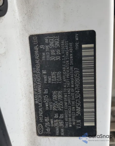 2007 Hyundai Santa Fe Gls из США, поврежденный, VIN 5NMSG13D47H080597